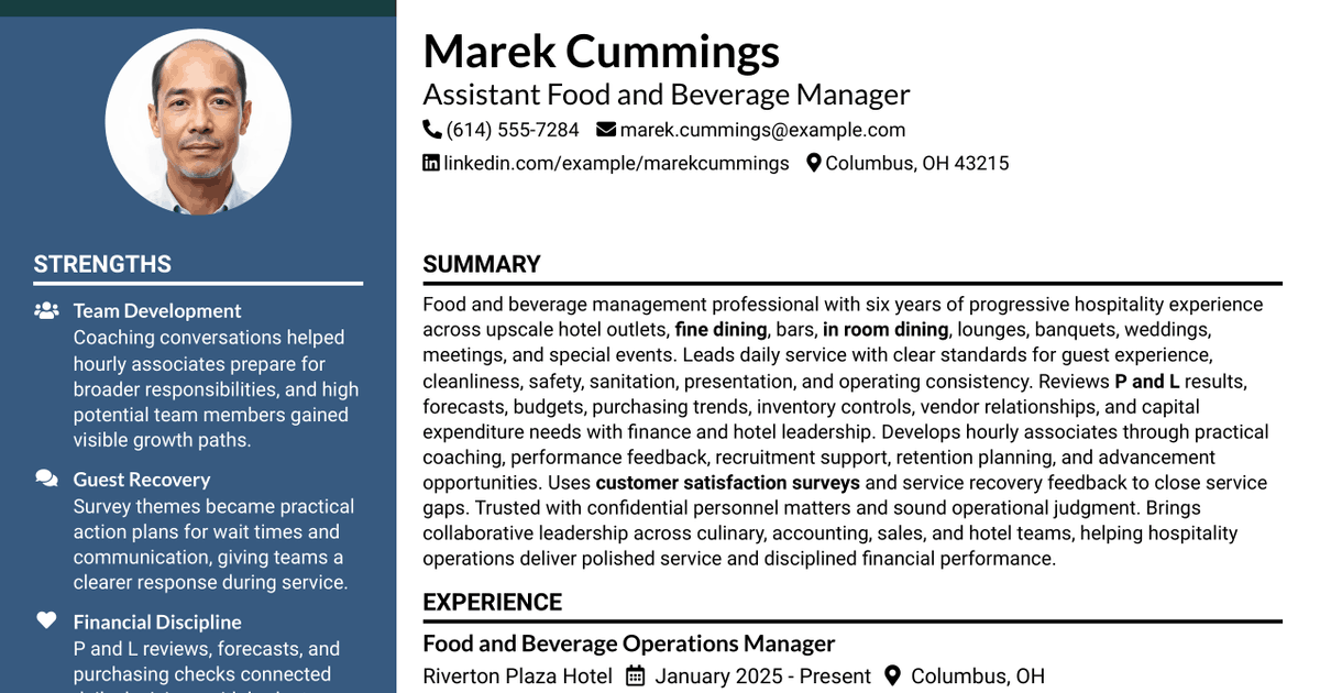 7 Assistant Food & Beverage Manager Resume Templates with Example