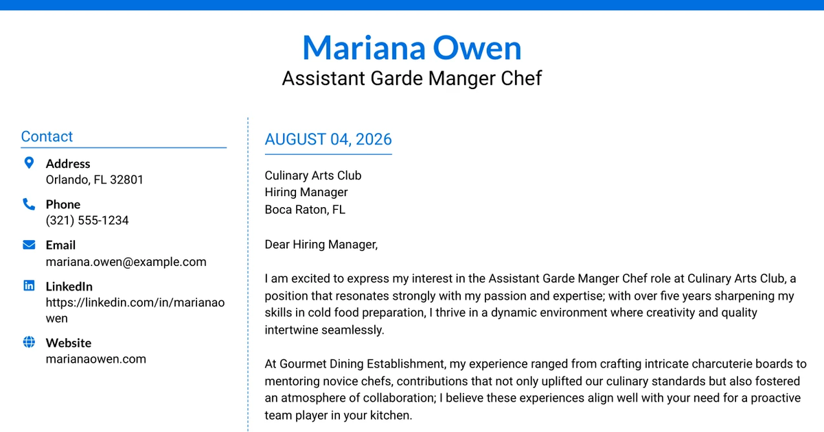 30+ Assistant Garde Manger Chef Cover Letter Templates with Example 2026