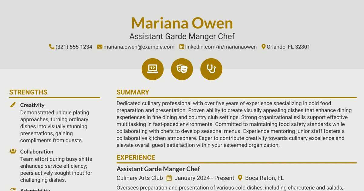 33 Assistant Garde Manger Chef Resume Templates with Example 2026 (ATS-Optimized)