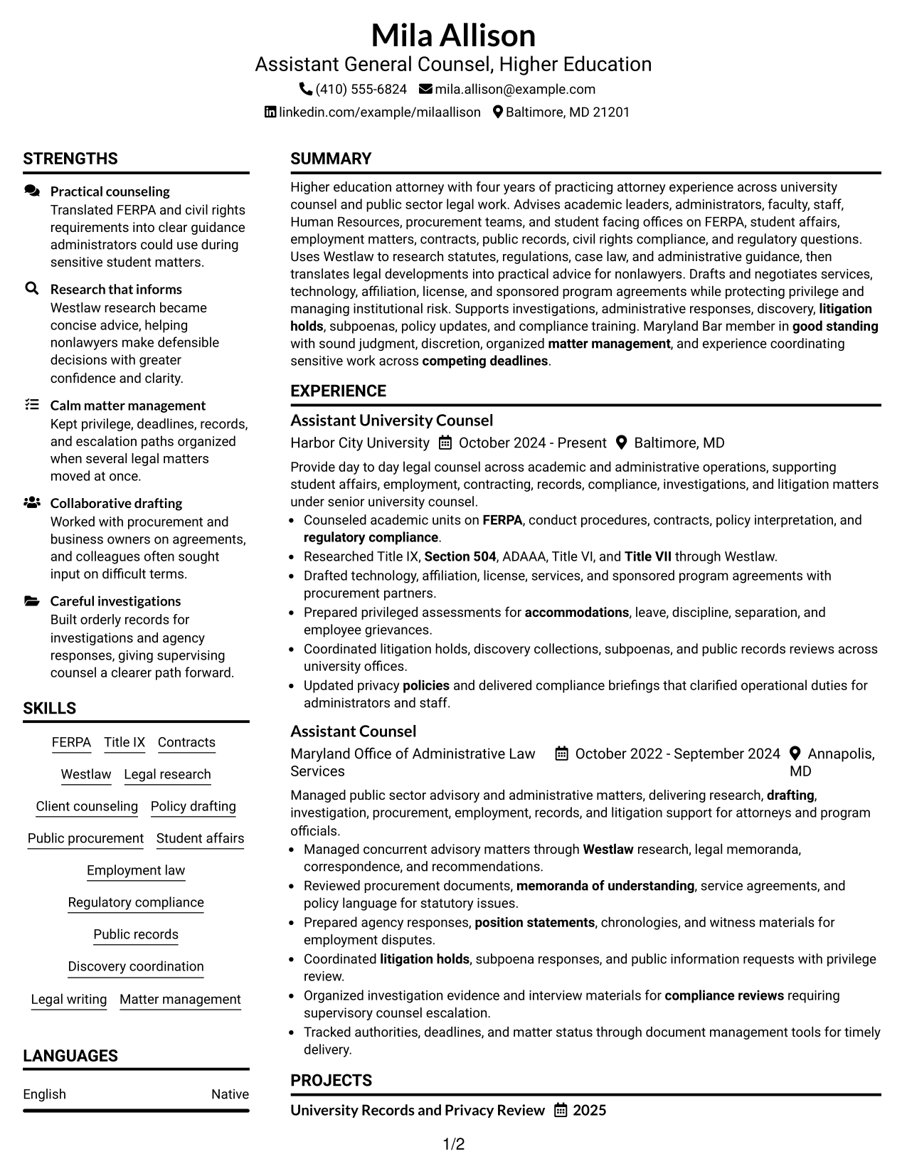 Resume Example Page 1