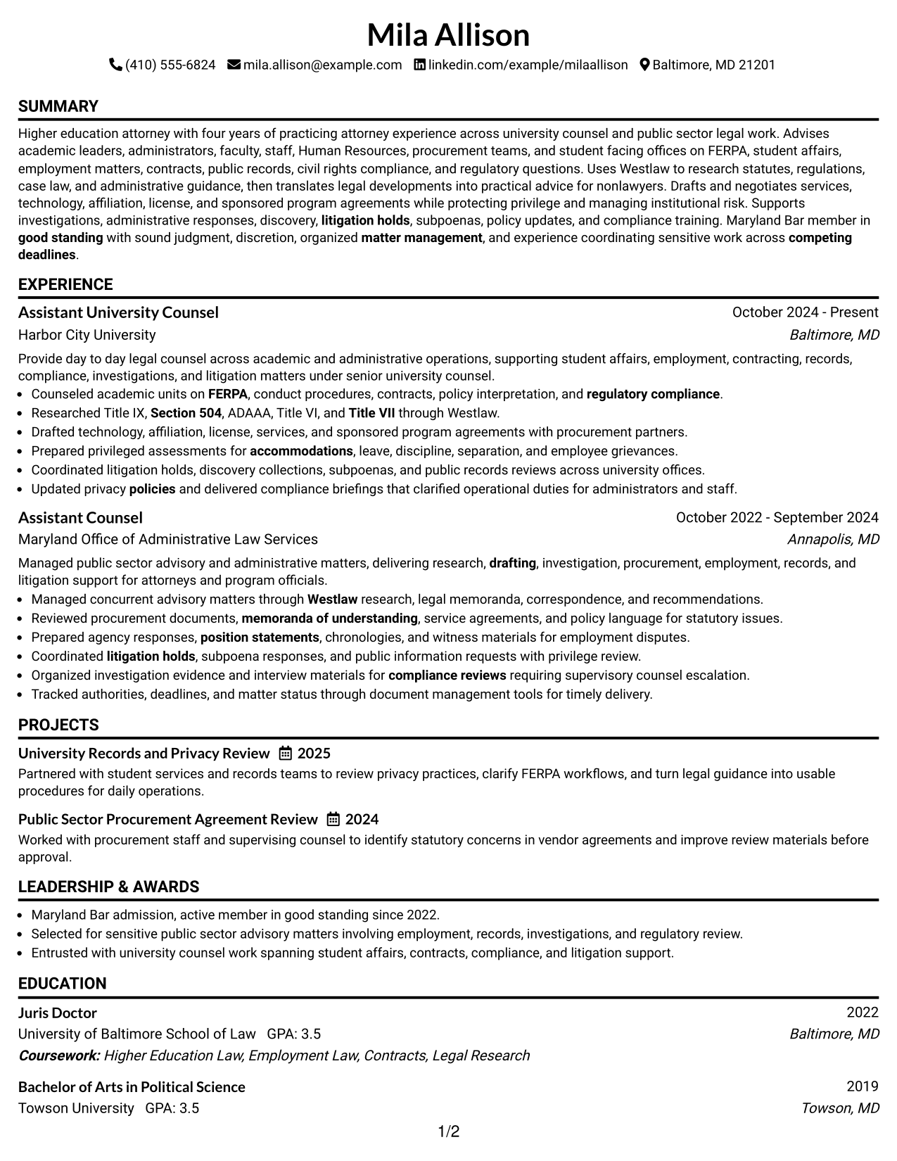 Resume Example Page 1