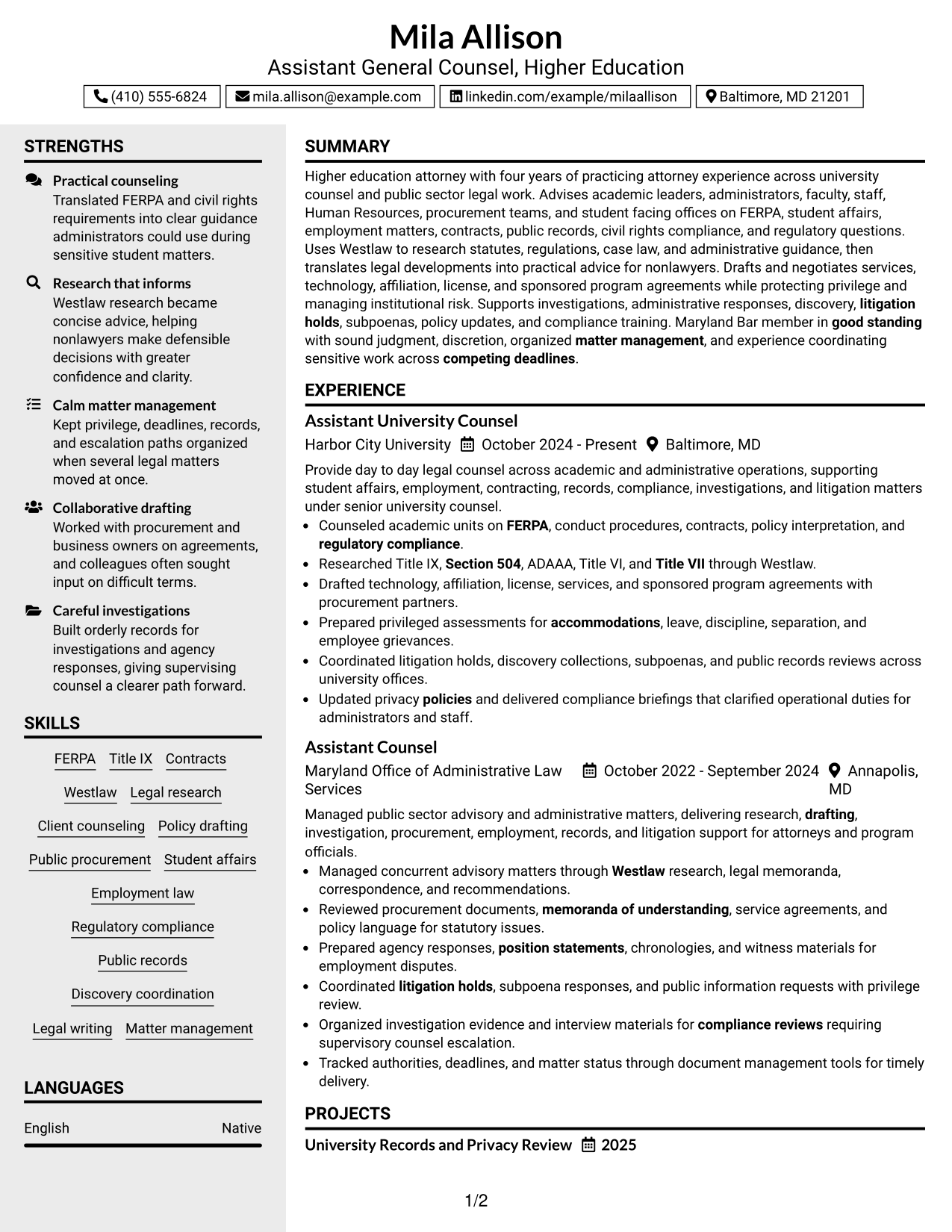 Resume Example Page 1
