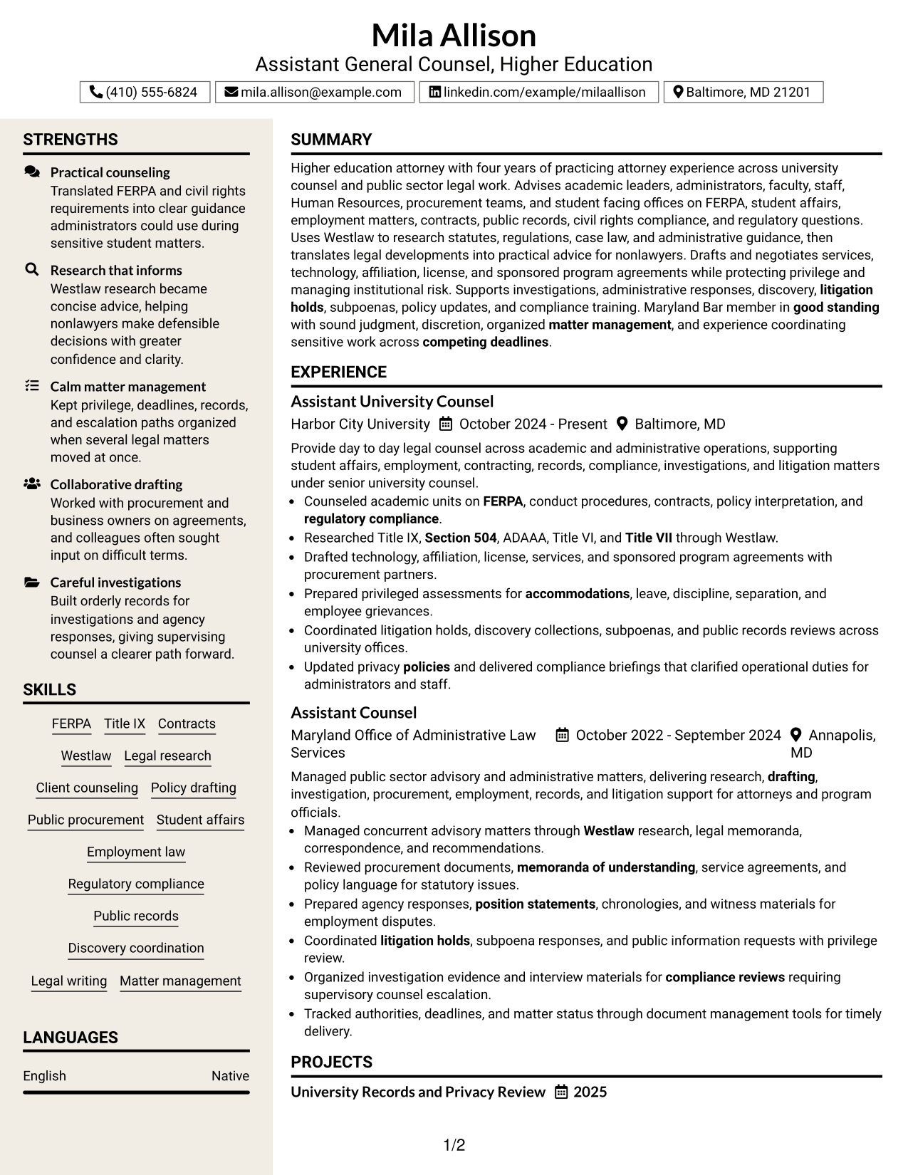Resume Example Page 1