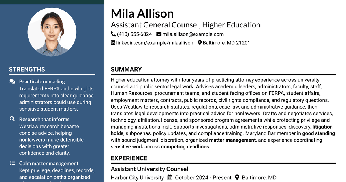 7 Assistant General Counsel/Associate General Counsel - Higher Education Resume Templates with Example