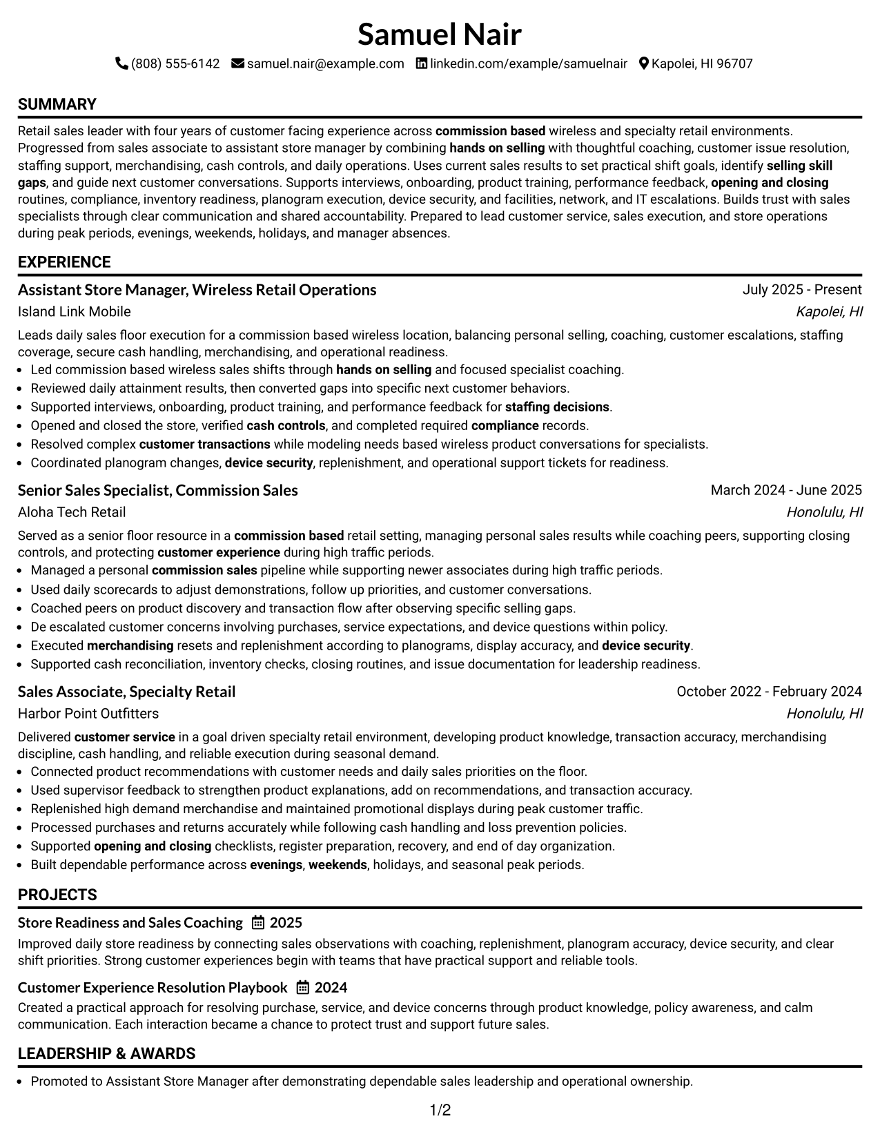 Resume Example Page 1