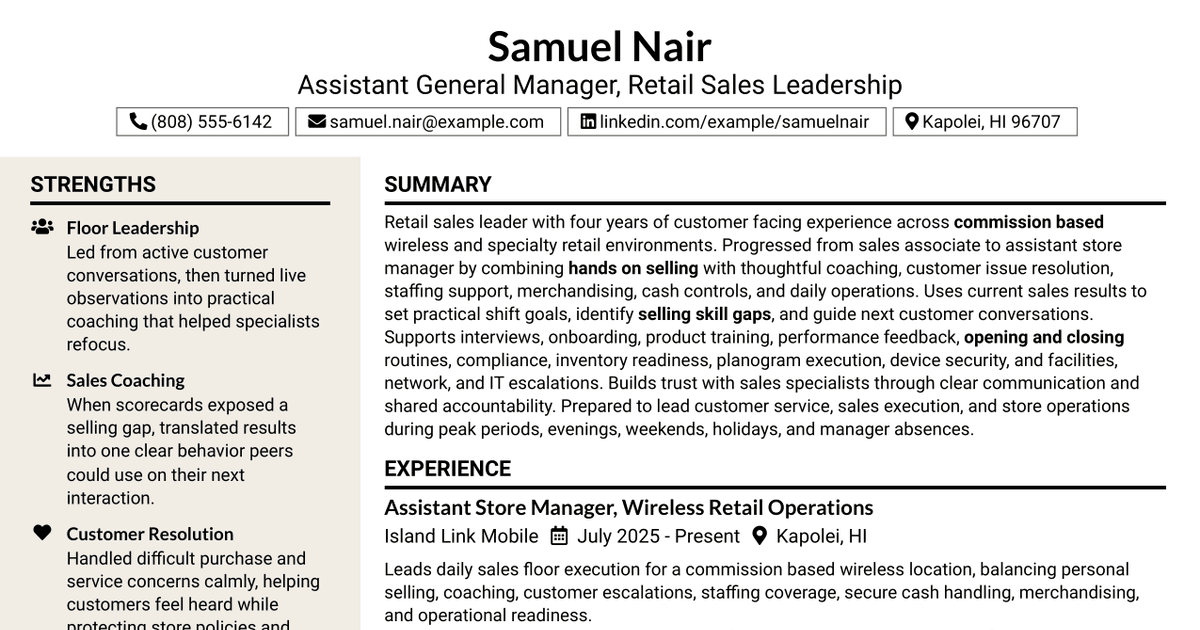 7 Assistant General Manager - Retail Sales Leadership Resume Templates with Example