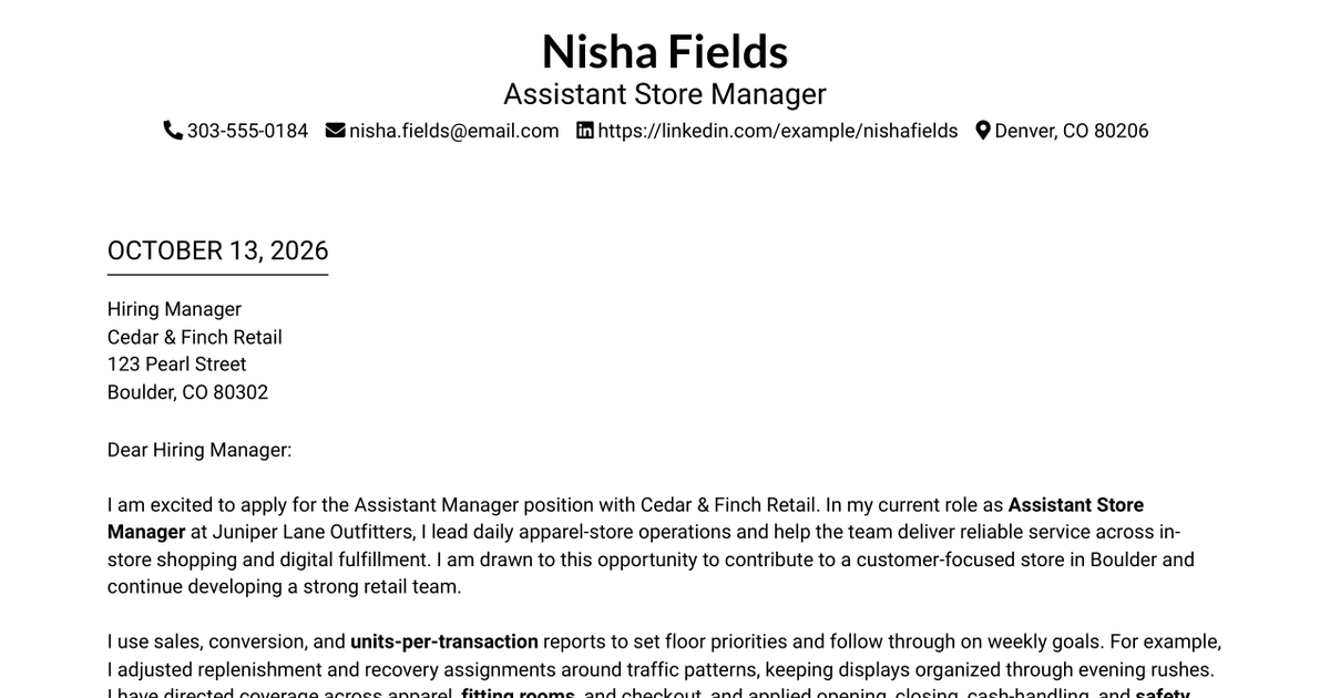 7 Assistant Manager Apparel Retail Cover Letter Templates with Example