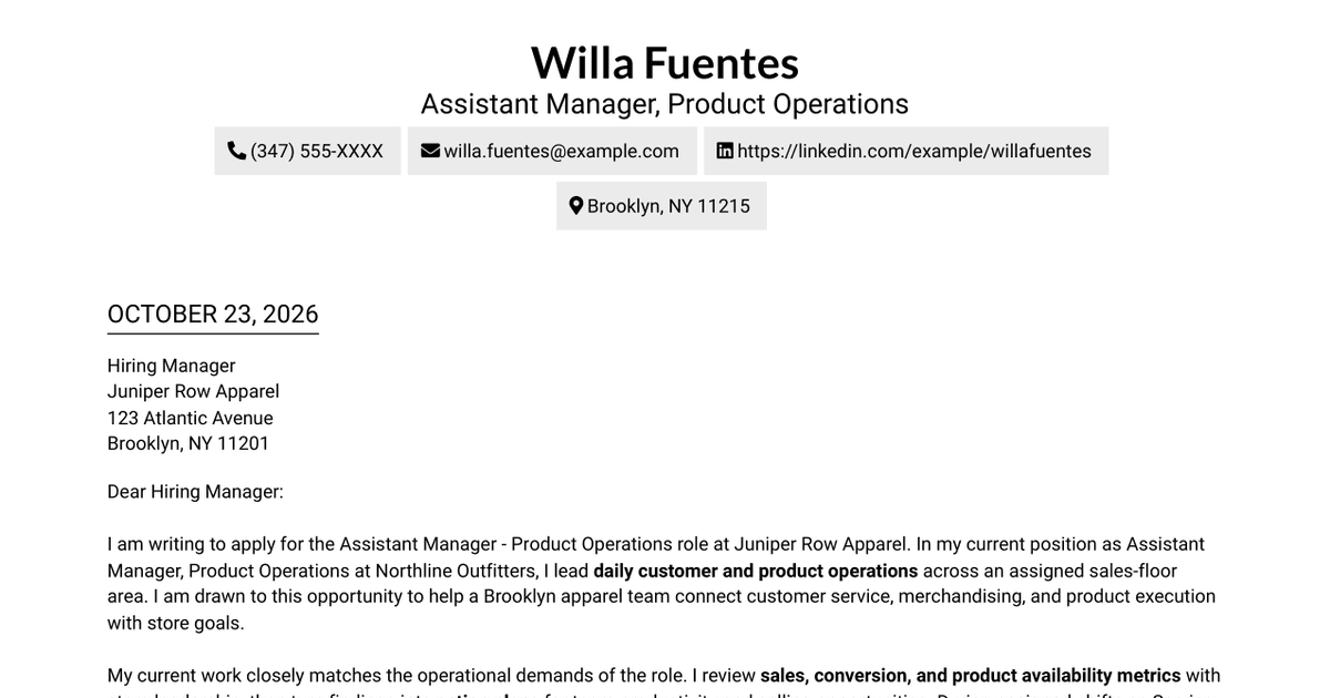 Assistant Manager - Product Operations Cover Letter