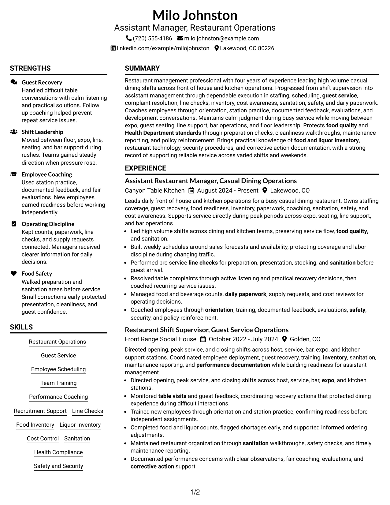 Resume Example Page 1