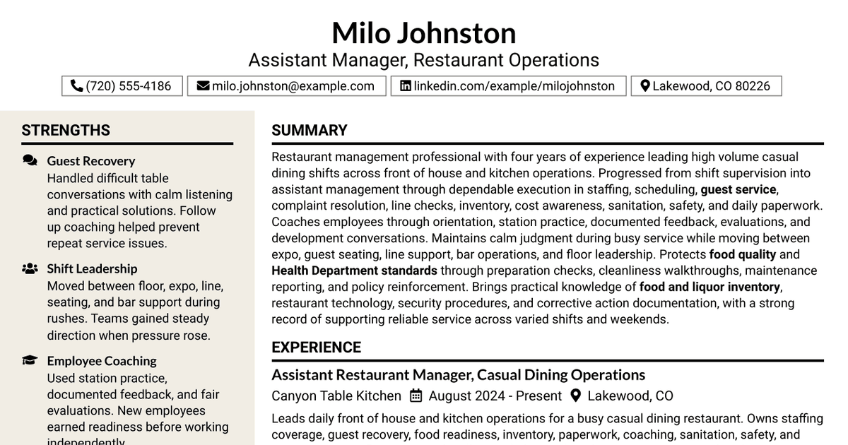7 Assistant Manager - Restaurant Operations Resume Templates with Example