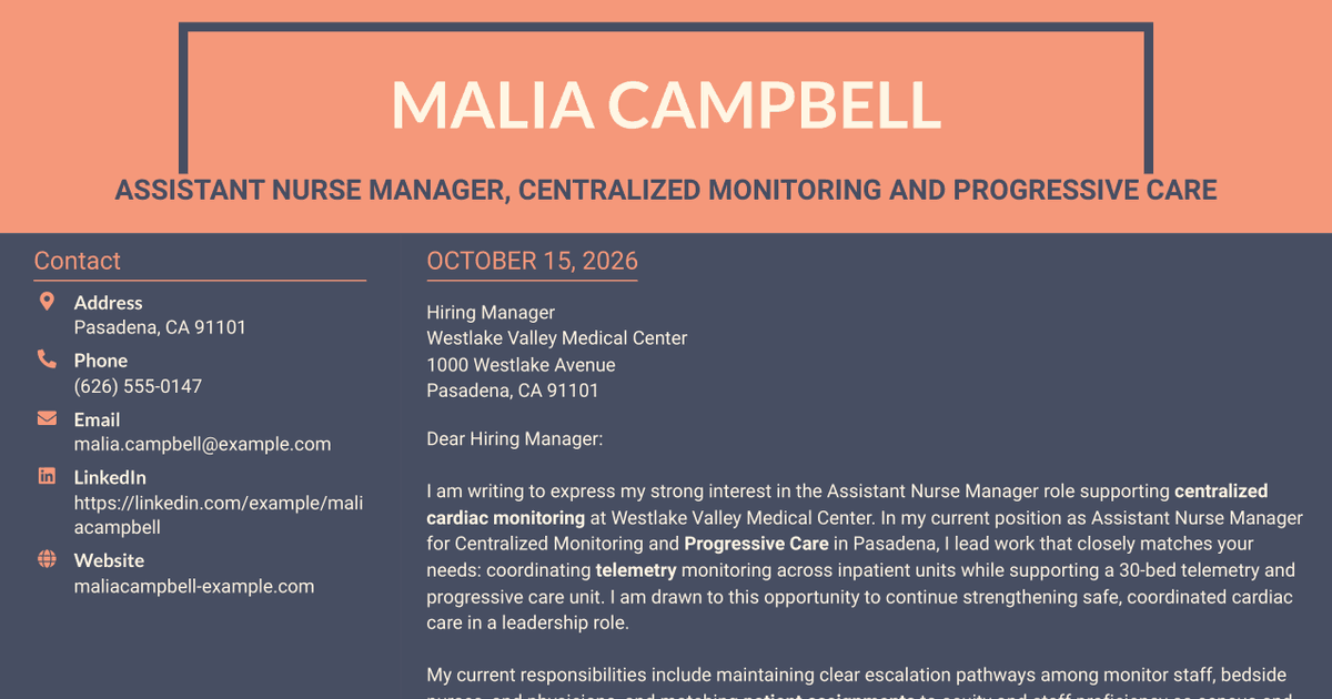 7 Assistant Nurse Manager - Centralized Cardiac Monitoring Cover Letter Templates with Example