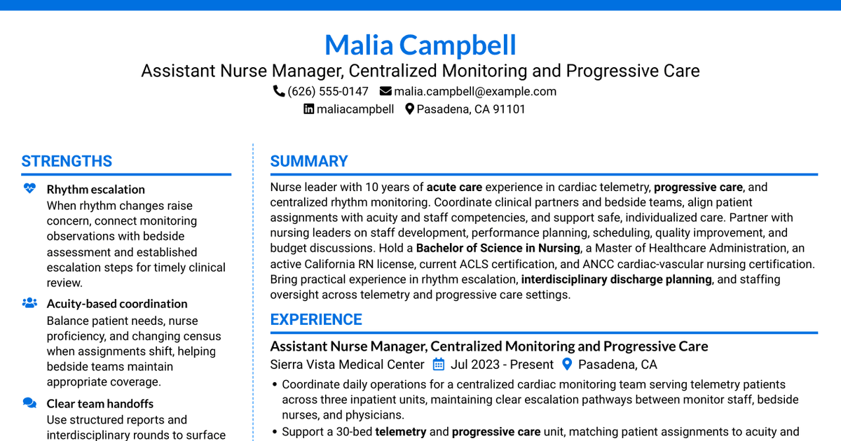 7 Assistant Nurse Manager - Centralized Cardiac Monitoring Resume Templates with Example