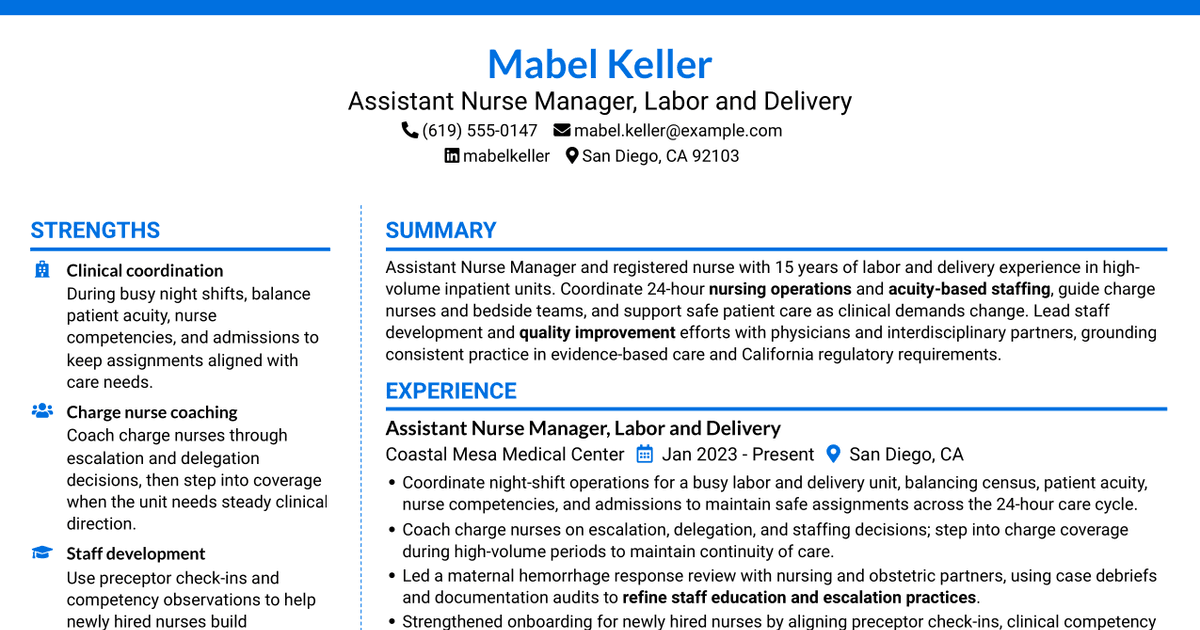 7 Assistant Nurse Manager - Labor and Delivery Resume Templates with Example
