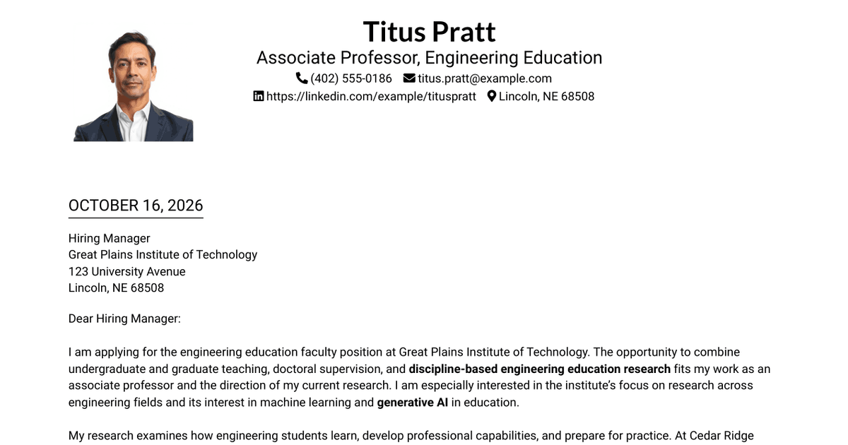 7 Assistant or Associate Professor - Engineering Education Cover Letter Templates with Example