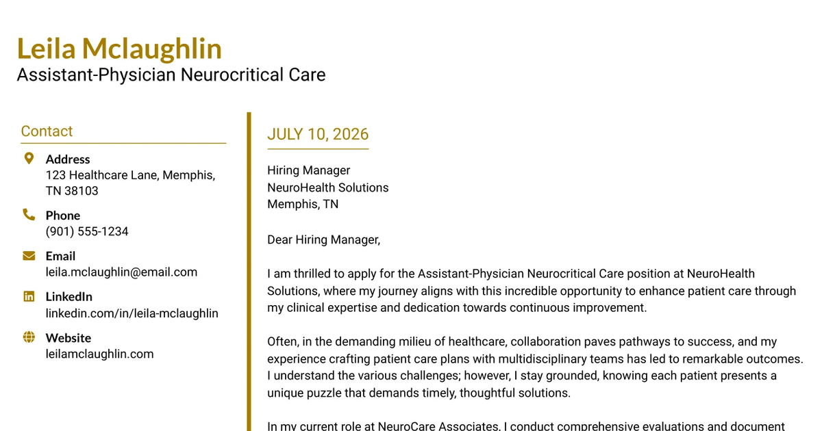 30+ Assistant-Physician Neurocritical Care Cover Letter Templates with Example 2026