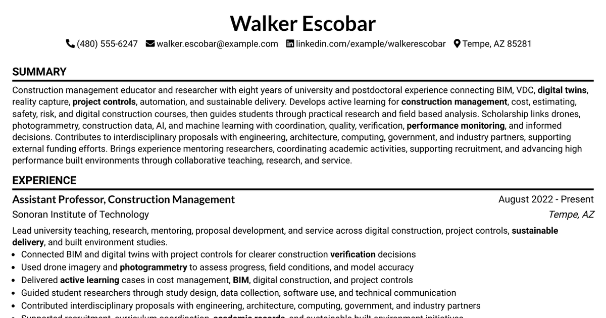 7 Assistant Professor - Construction Management / Advanced Building Technology Resume Templates with Example