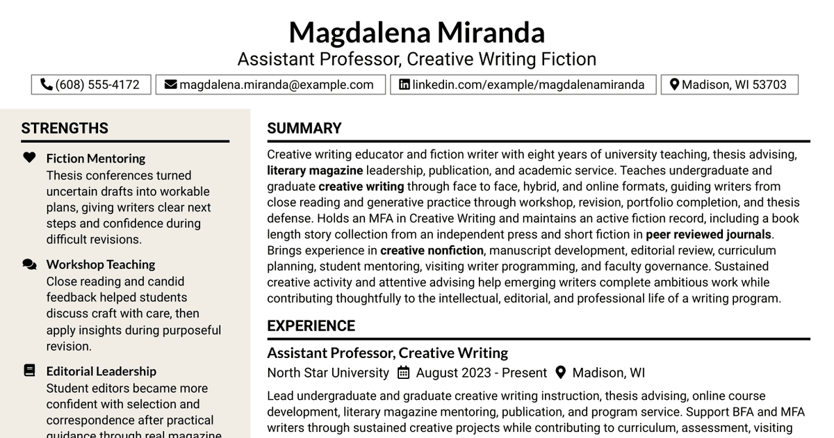 7 Assistant Professor - Creative Writing (Fiction) Resume Templates with Example
