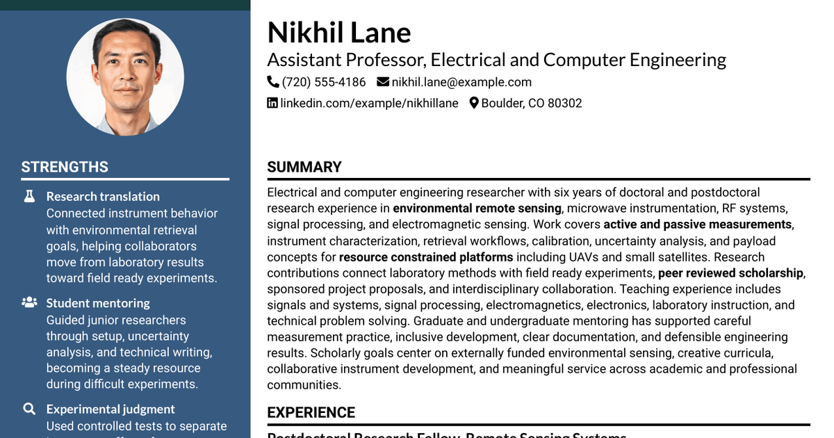 7 Assistant Professor - Electrical & Computer Engineering - Remote Sensing Systems Resume Templates with Example