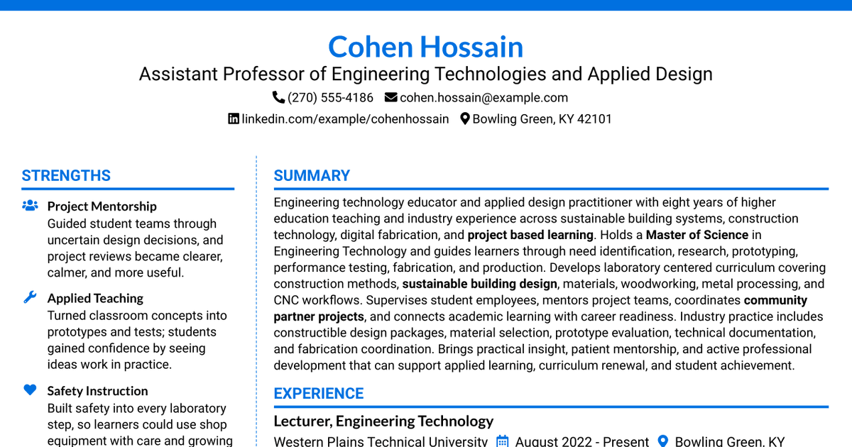 7 Assistant Professor of Engineering Technologies and Applied Design Resume Templates with Example