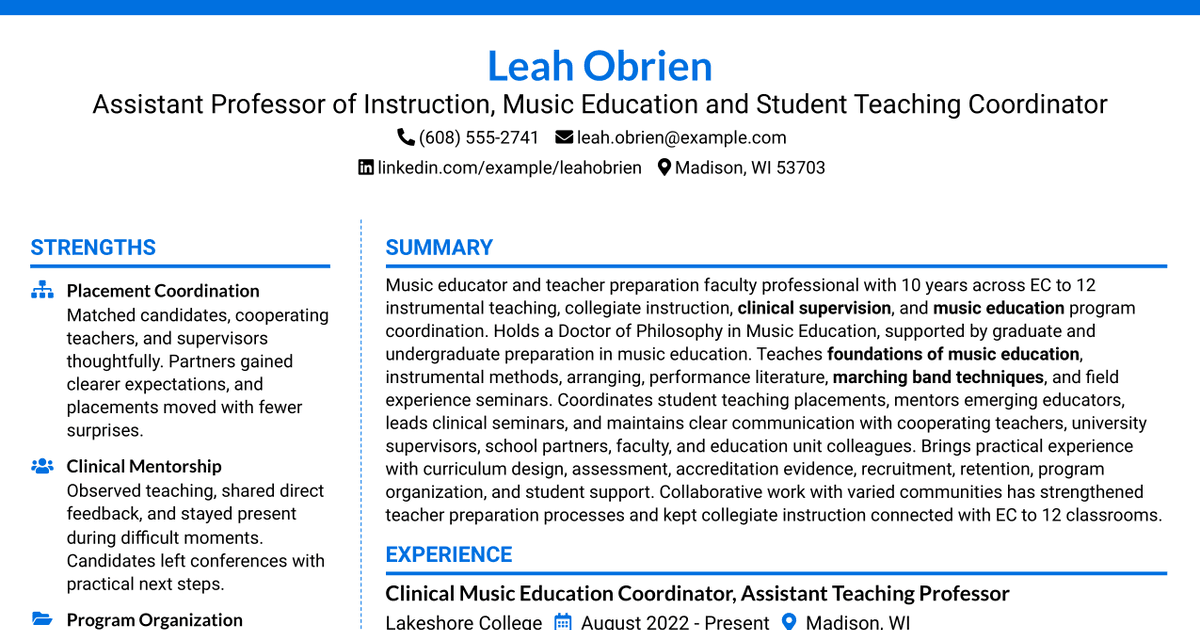 7 Assistant Professor of Instruction in Music Education (Music Education and Student Teaching Coordinator) Resume Templates with Example