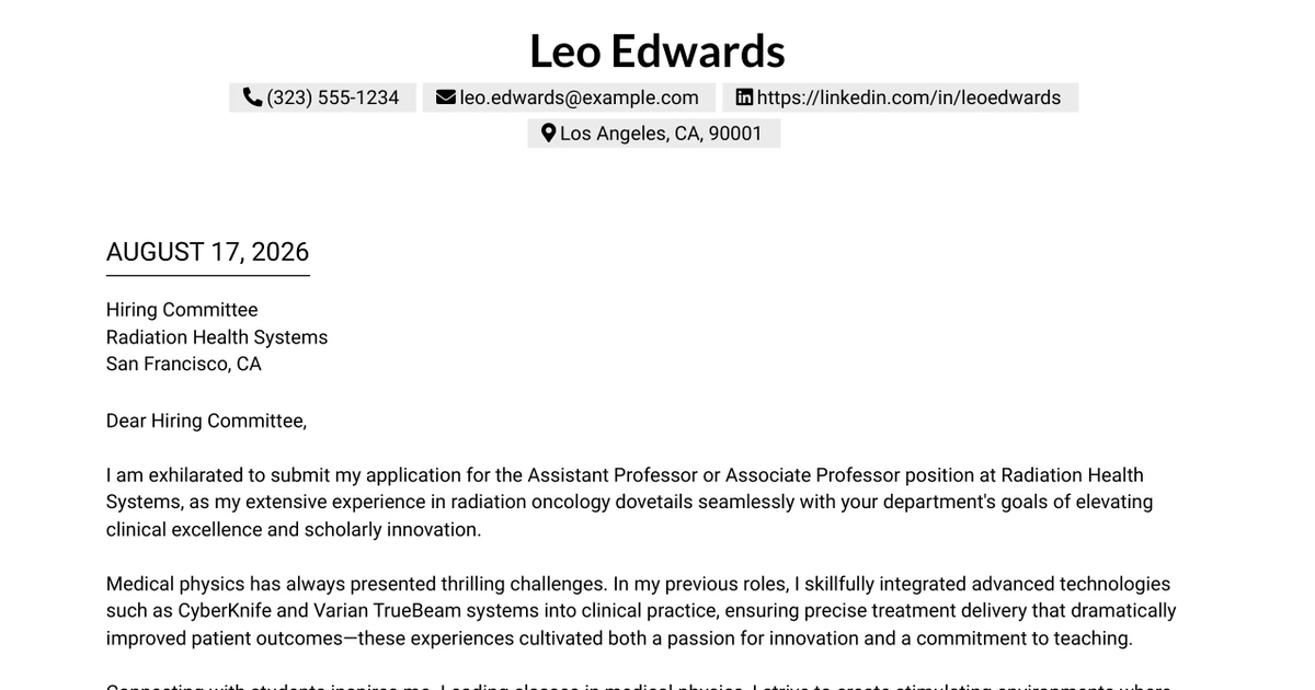 30+ Assistant Professor or Associate Professor, Medical Physics Cover Letter Templates with Example 2026