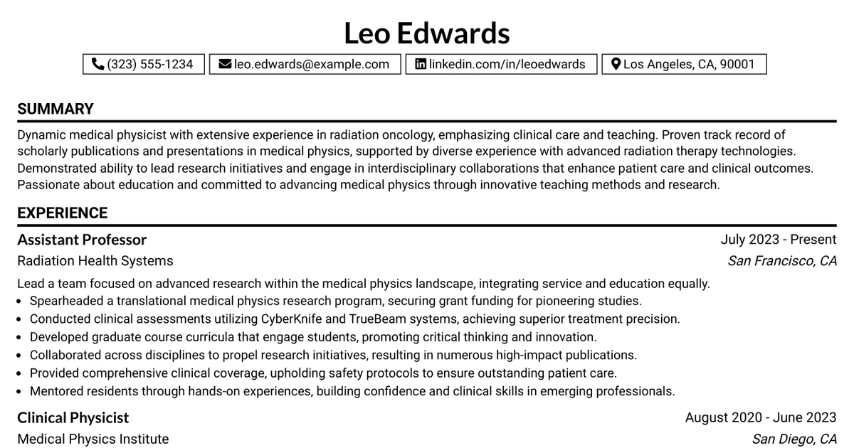 33 Assistant Professor or Associate Professor, Medical Physics Resume Templates with Example 2026 (ATS-Optimized)