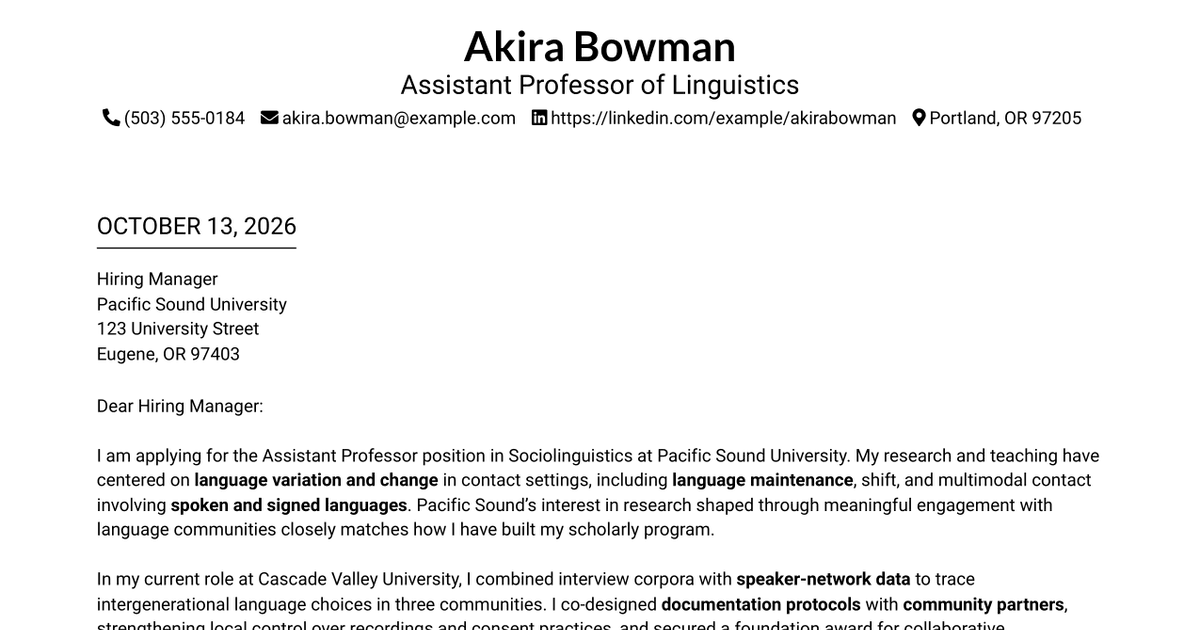 7 Assistant Professor - Sociolinguistics Cover Letter Templates with Example