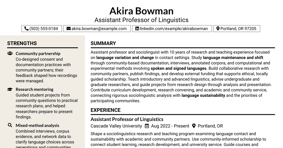 7 Assistant Professor - Sociolinguistics Resume Templates with Example