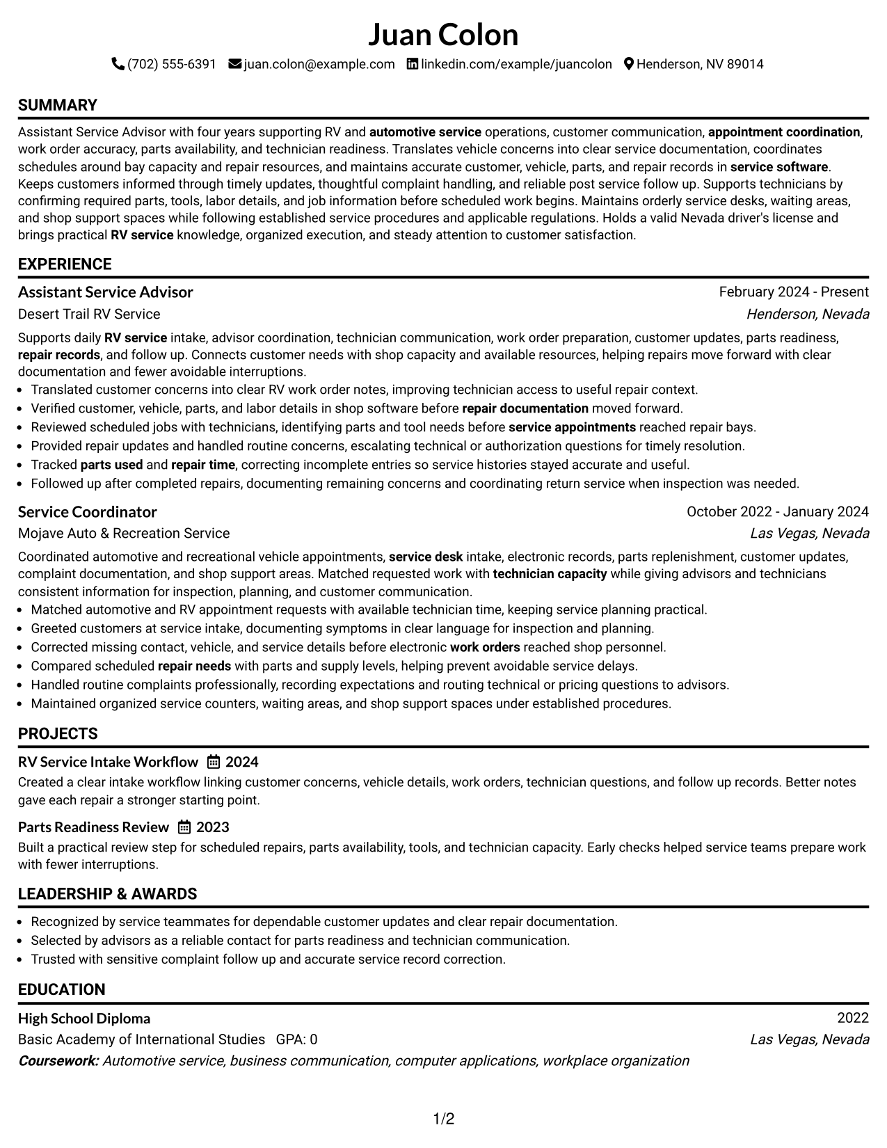 Resume Example Page 1