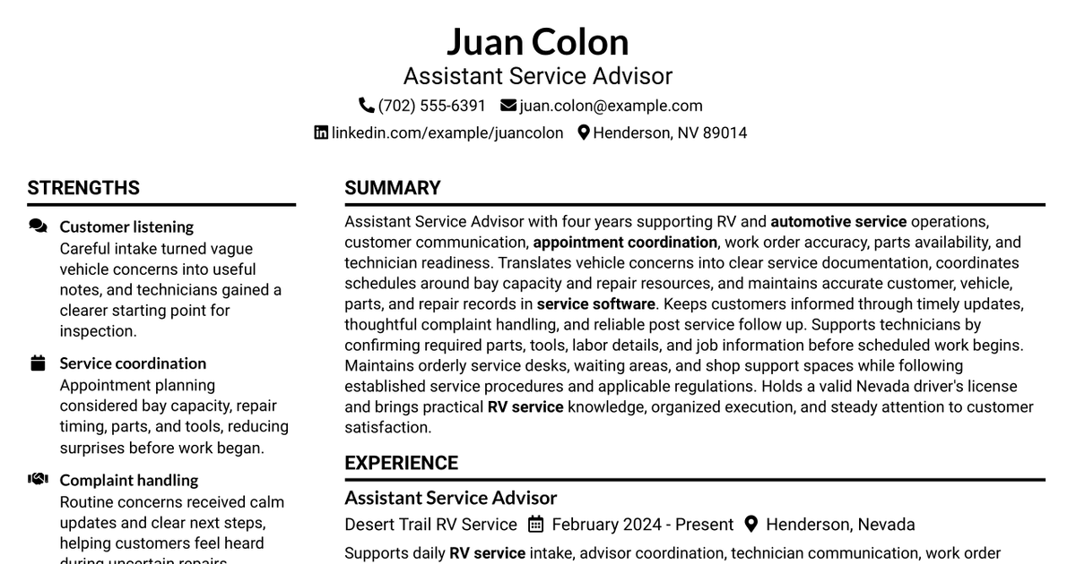 7 Assistant Service Advisor Resume Templates with Example