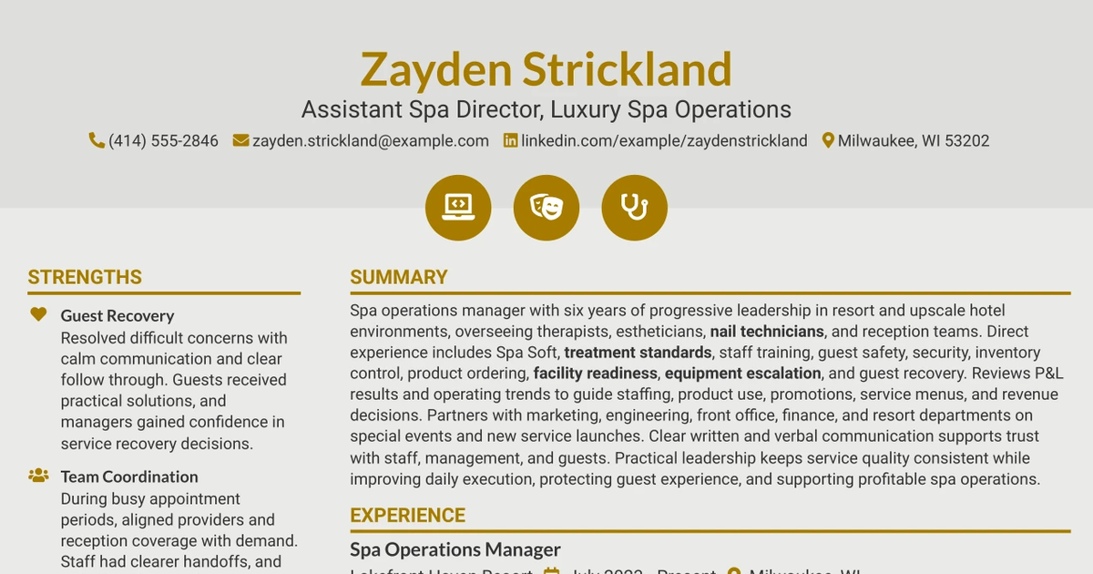 33 Assistant Spa Director - Luxury Spa Operations Resume Templates with Example 2026 (ATS-Optimized)