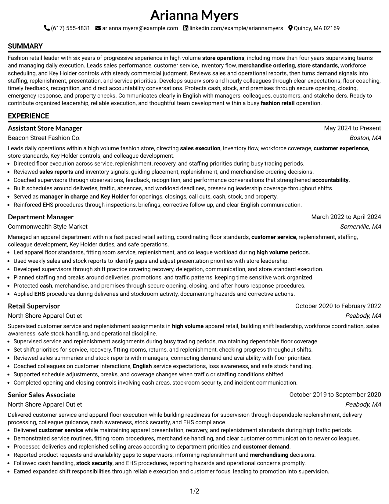 Resume Example Page 1