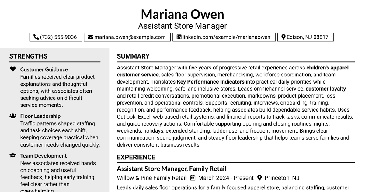 7 Assistant Store Manager Resume Templates with Example