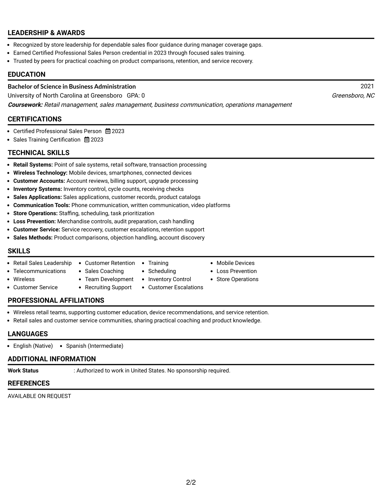 Resume Example Page 2