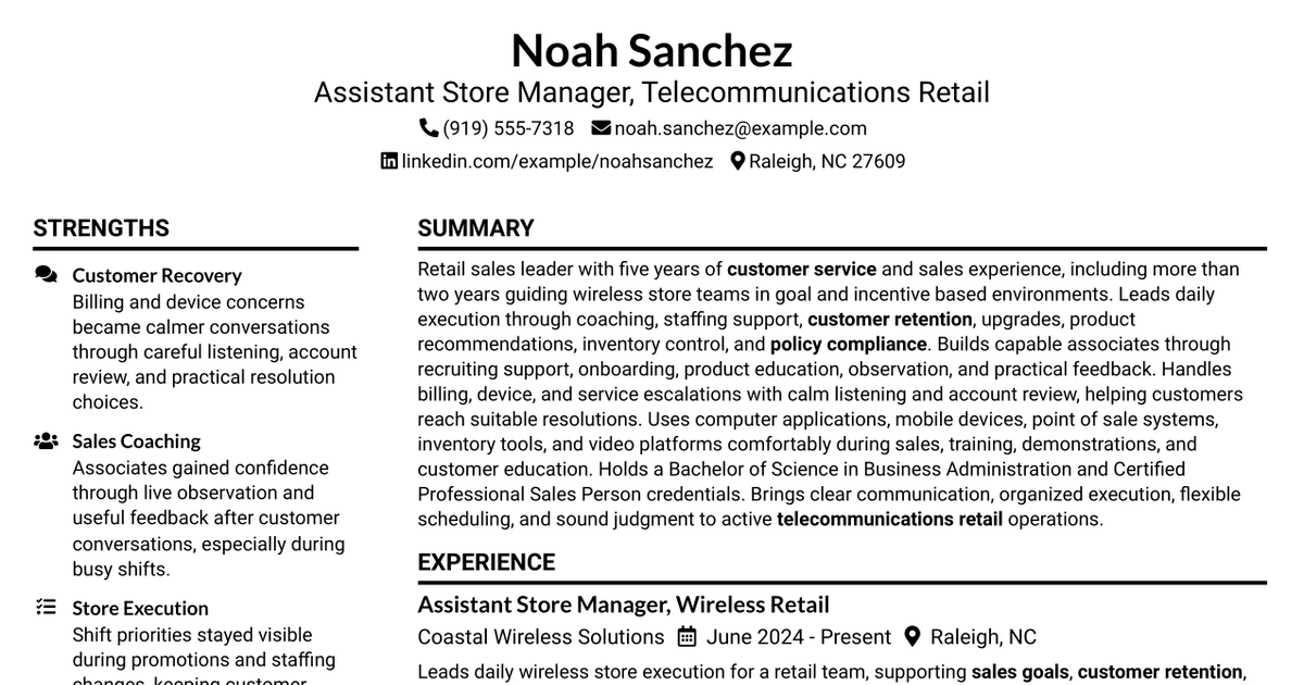 7 Assistant Store Manager - Telecommunications Retail Resume Templates with Example