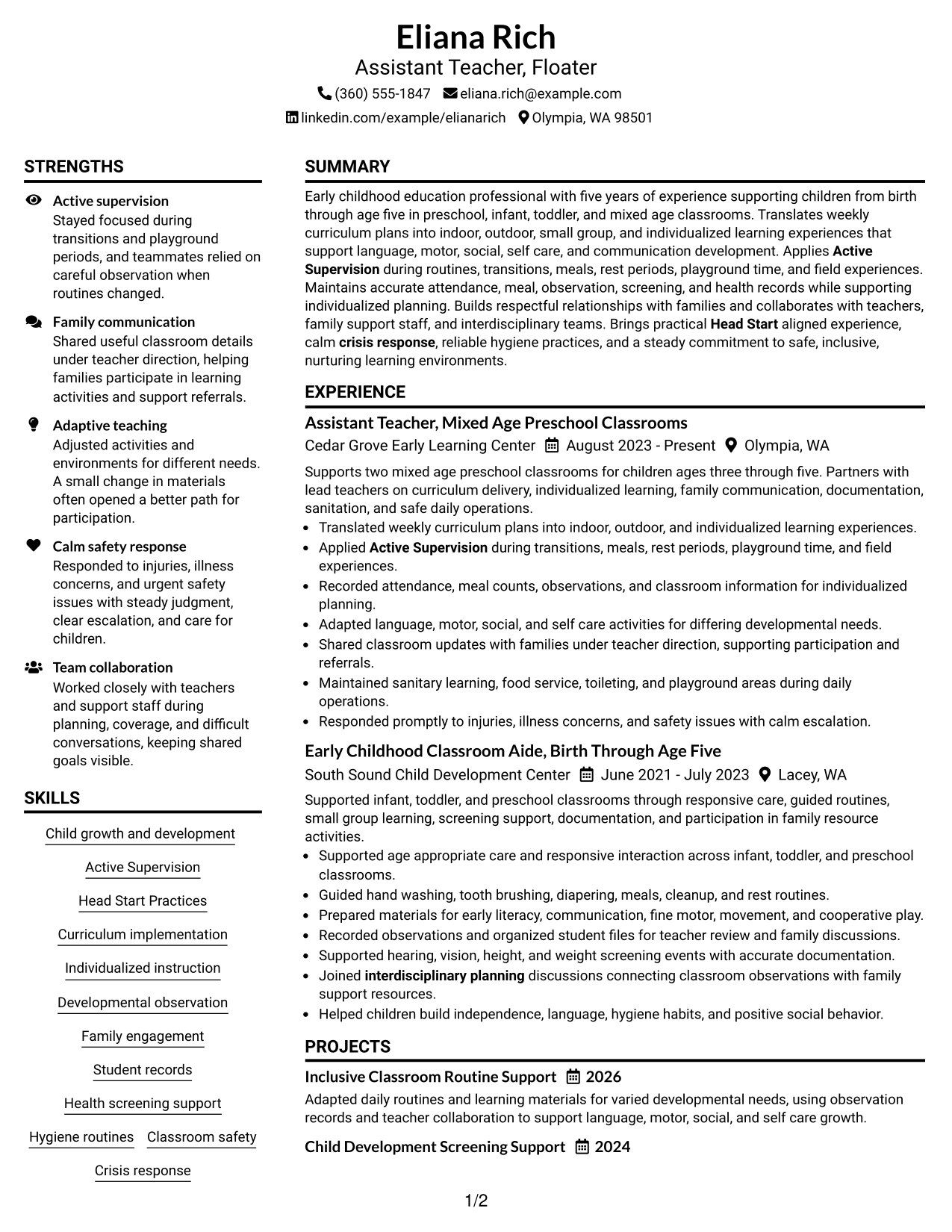 Resume Example Page 1