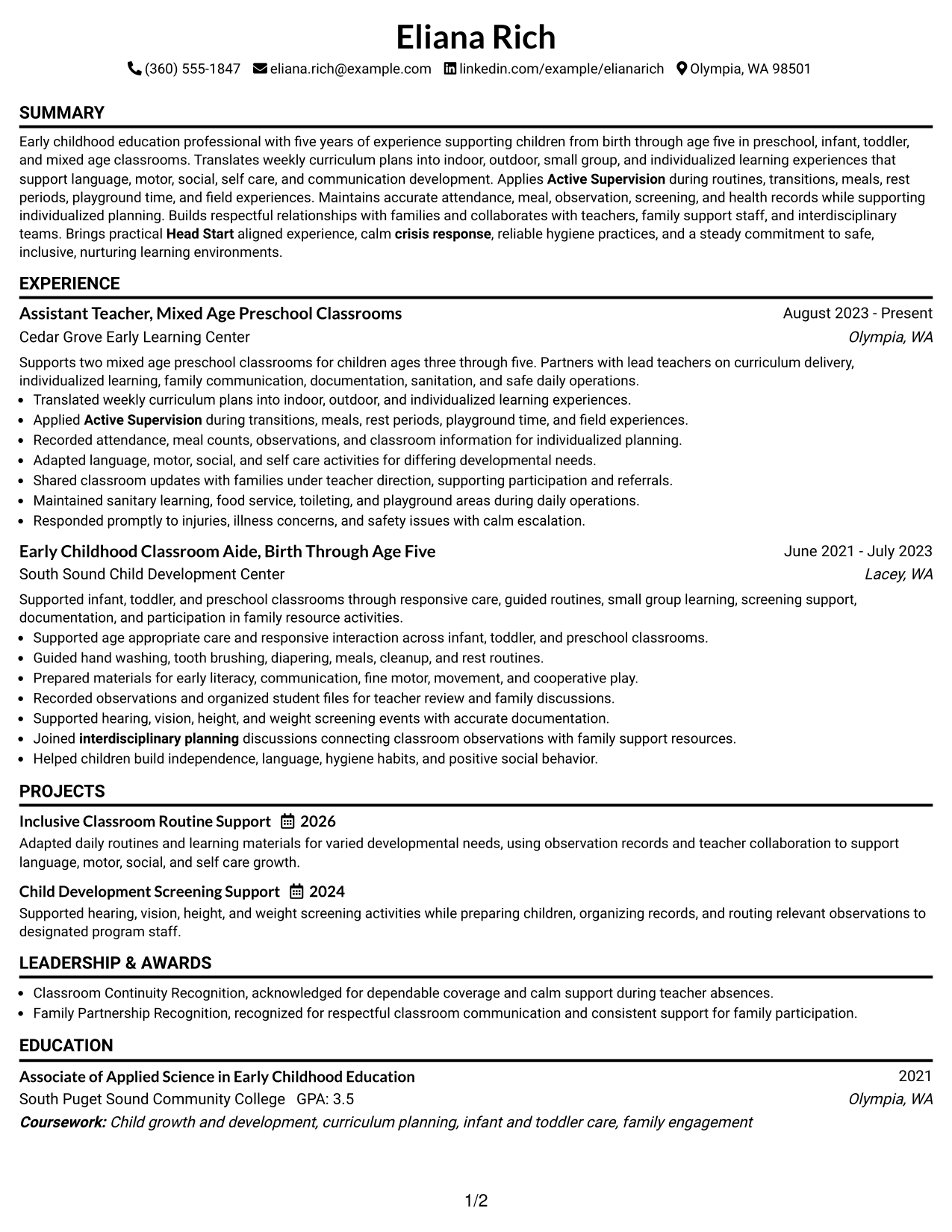 Resume Example Page 1