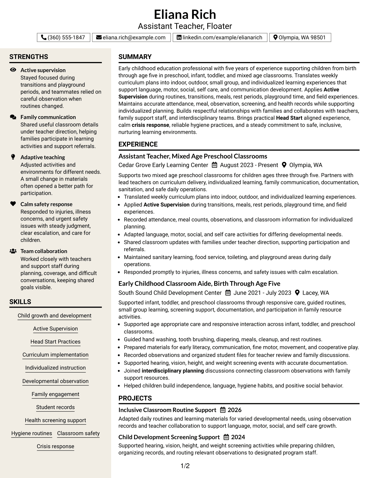 Resume Example Page 1