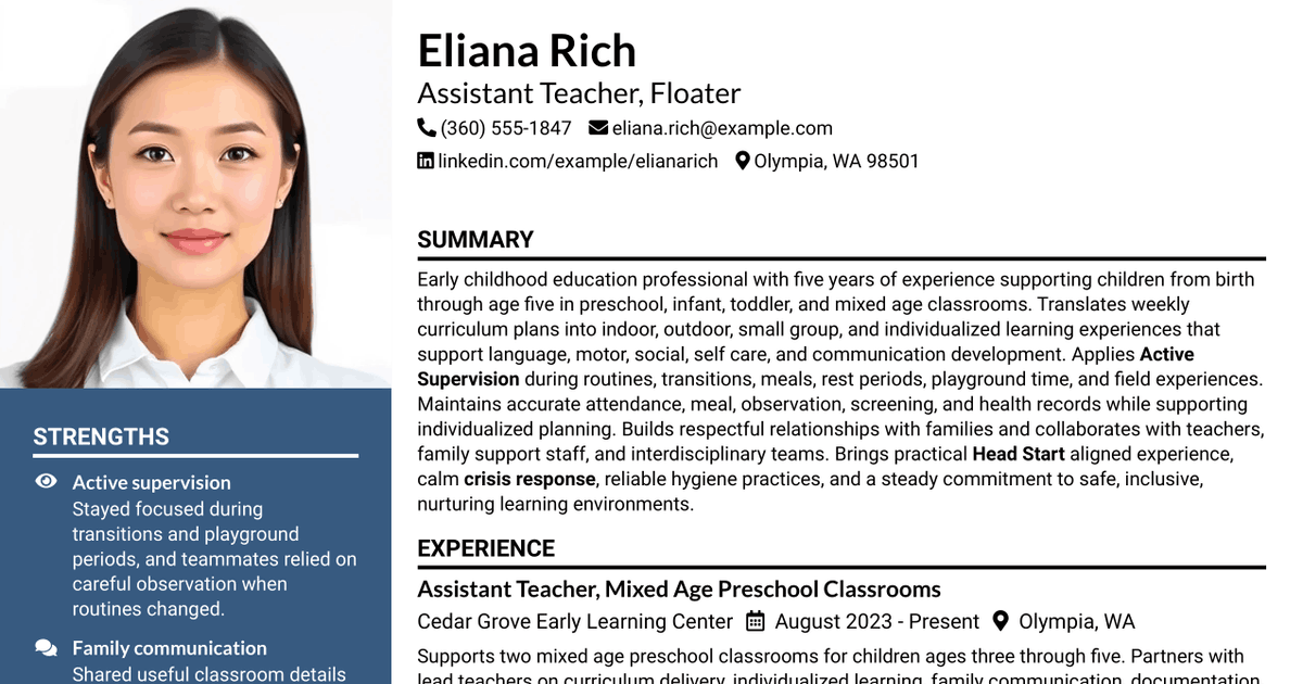 7 Assistant Teacher, Floater Resume Templates with Example