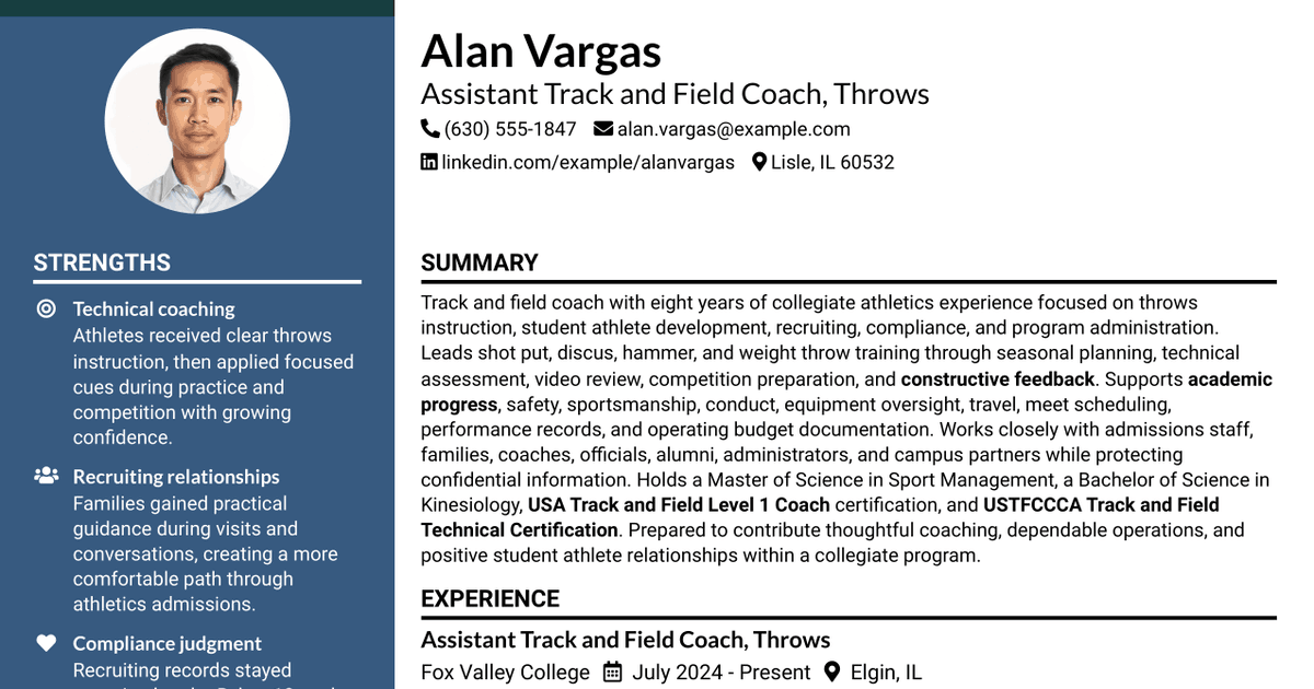 7 Assistant Track and Field Coach - Throws Resume Templates with Example