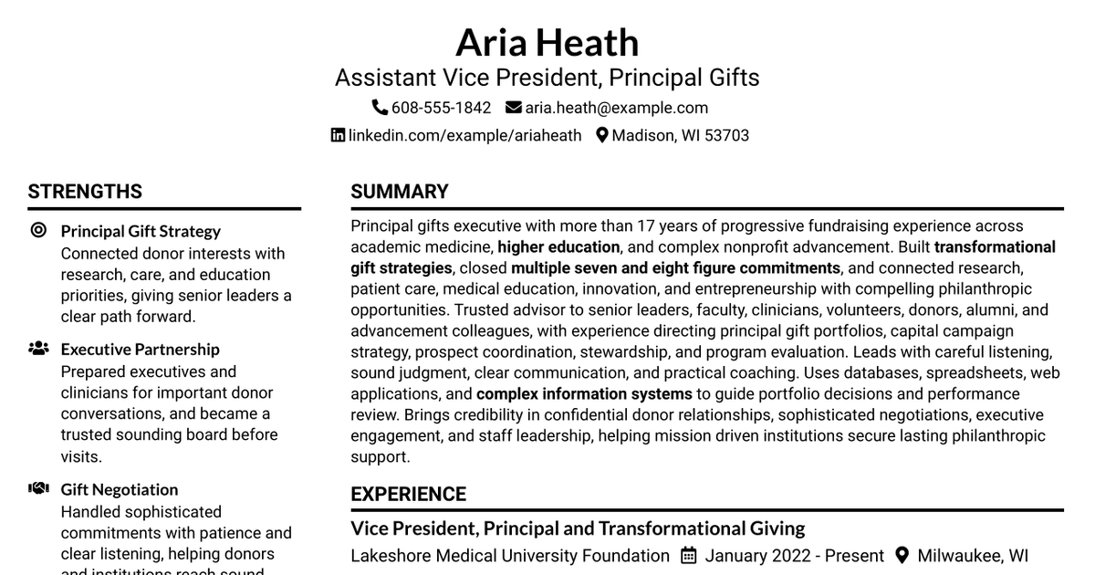 7 Assistant Vice President of Principal Gifts Resume Templates with Example