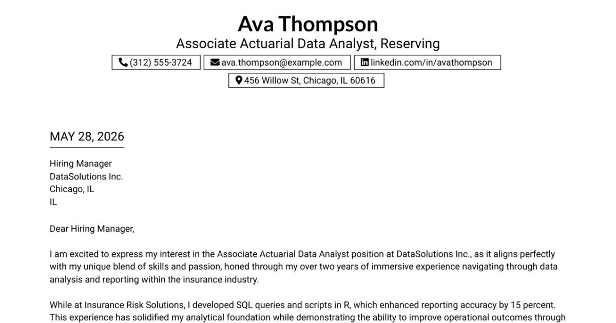 30+ Associate Actuarial Data Analyst, Reserving Cover Letter Templates with Example 2026