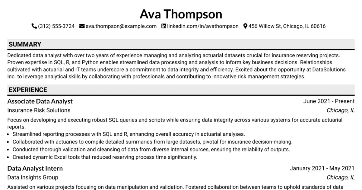 33 Associate Actuarial Data Analyst, Reserving Resume Templates with Example 2026 (ATS-Optimized)