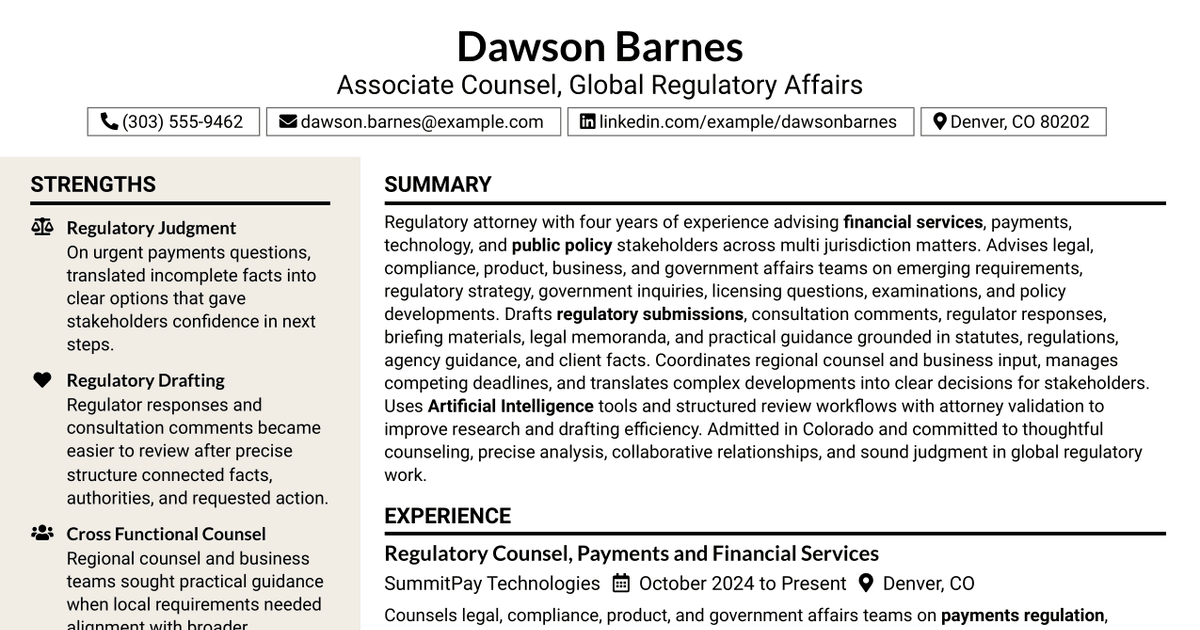 7 Associate Counsel, Global Regulatory Affairs Resume Templates with Example