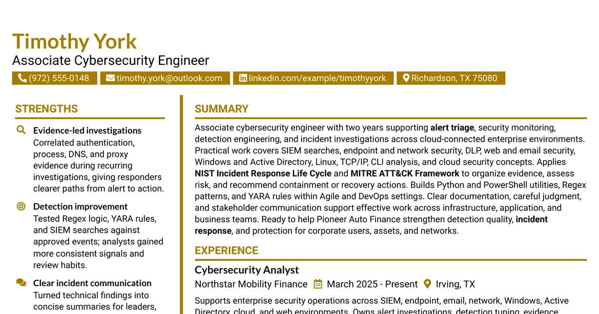 33 Associate Cybersecurity Engineer Resume Templates with Example 2026 (ATS-Optimized)