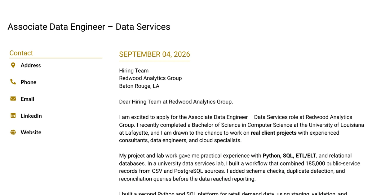 30+ Associate Data Engineer – Data Services Cover Letter Templates with Example 2026