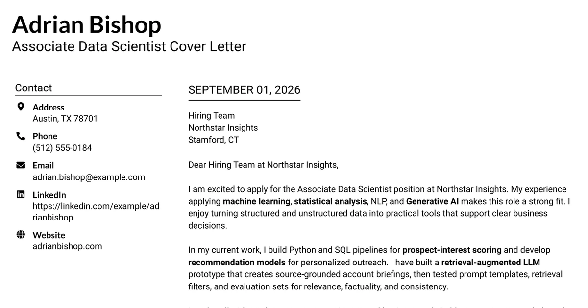 30+ Associate Data Scientist Cover Letter Templates with Example 2026