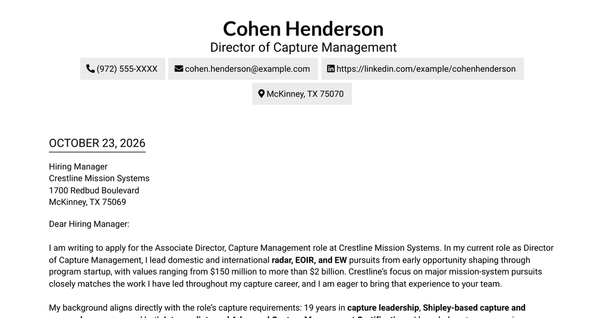 7 Associate Director, Capture Management - Radar and Electro-Optical Systems Cover Letter Templates with Example