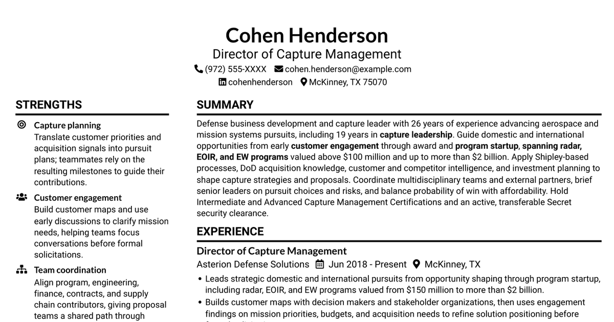 7 Associate Director, Capture Management - Radar and Electro-Optical Systems Resume Templates with Example