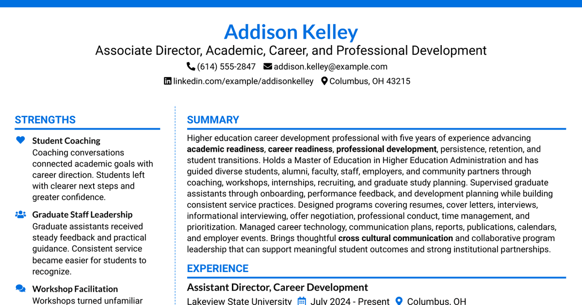 7 Associate Director for Academic, Career, and Professional Development Resume Templates with Example